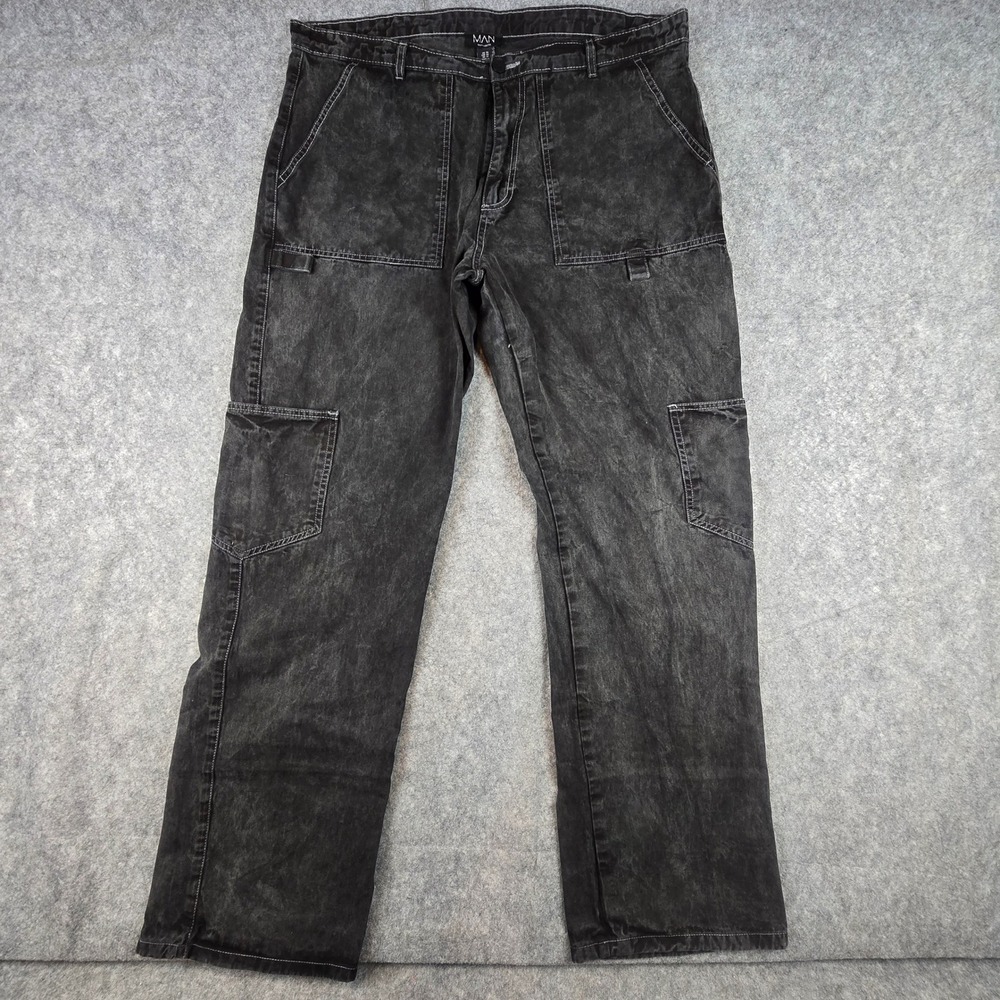 BoohooMAN Carpenter Pants Mens 40 Black Acid Wash Relaxed Fit Utility Streetwear
